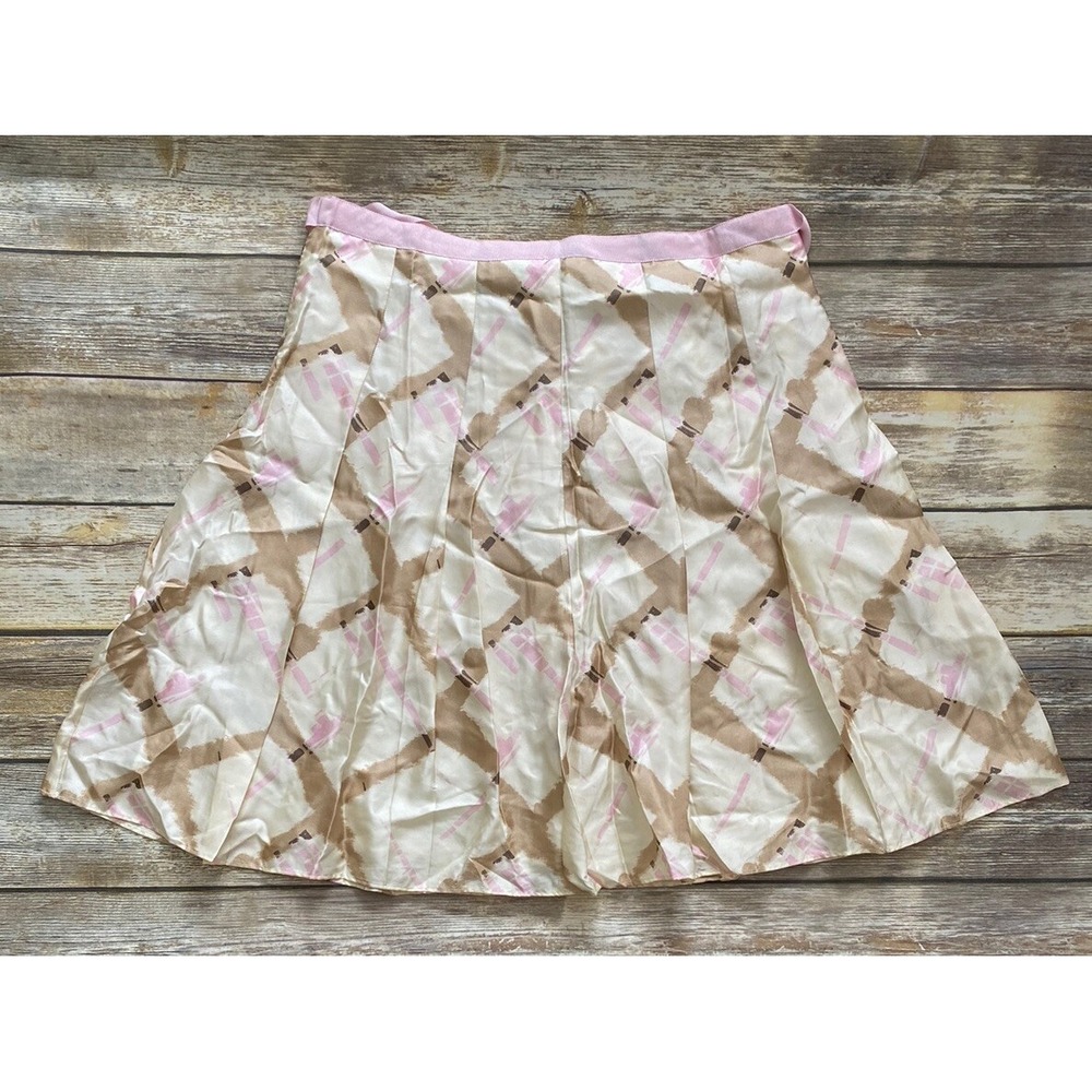 GAP Womens 100% Silk Retro Y2K Pleated Skirt Cream Brown Pink Sz 12 - Ribbon Tie